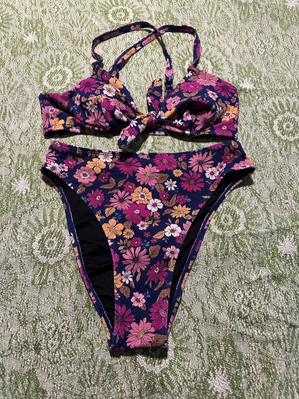 Cupshe Navy Floral Tie-Front Bikini with Pink & Yellow Blooms